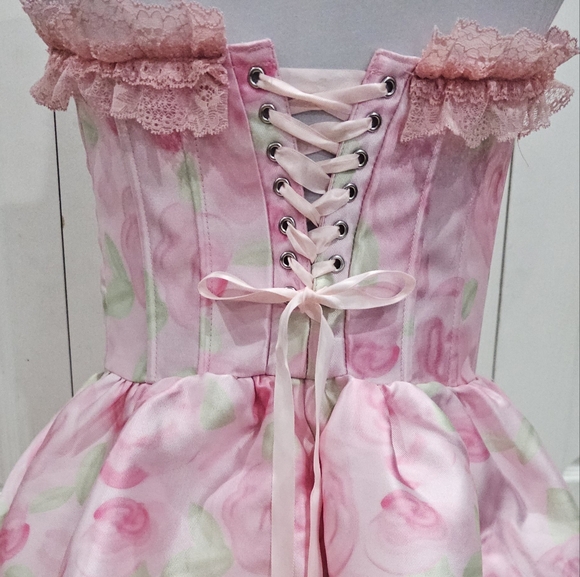 Dolls Kill Sugar Thrillz Forever Fancy Corset Pink Floral Rose Lace Mini Dress S - Picture 7 of 13